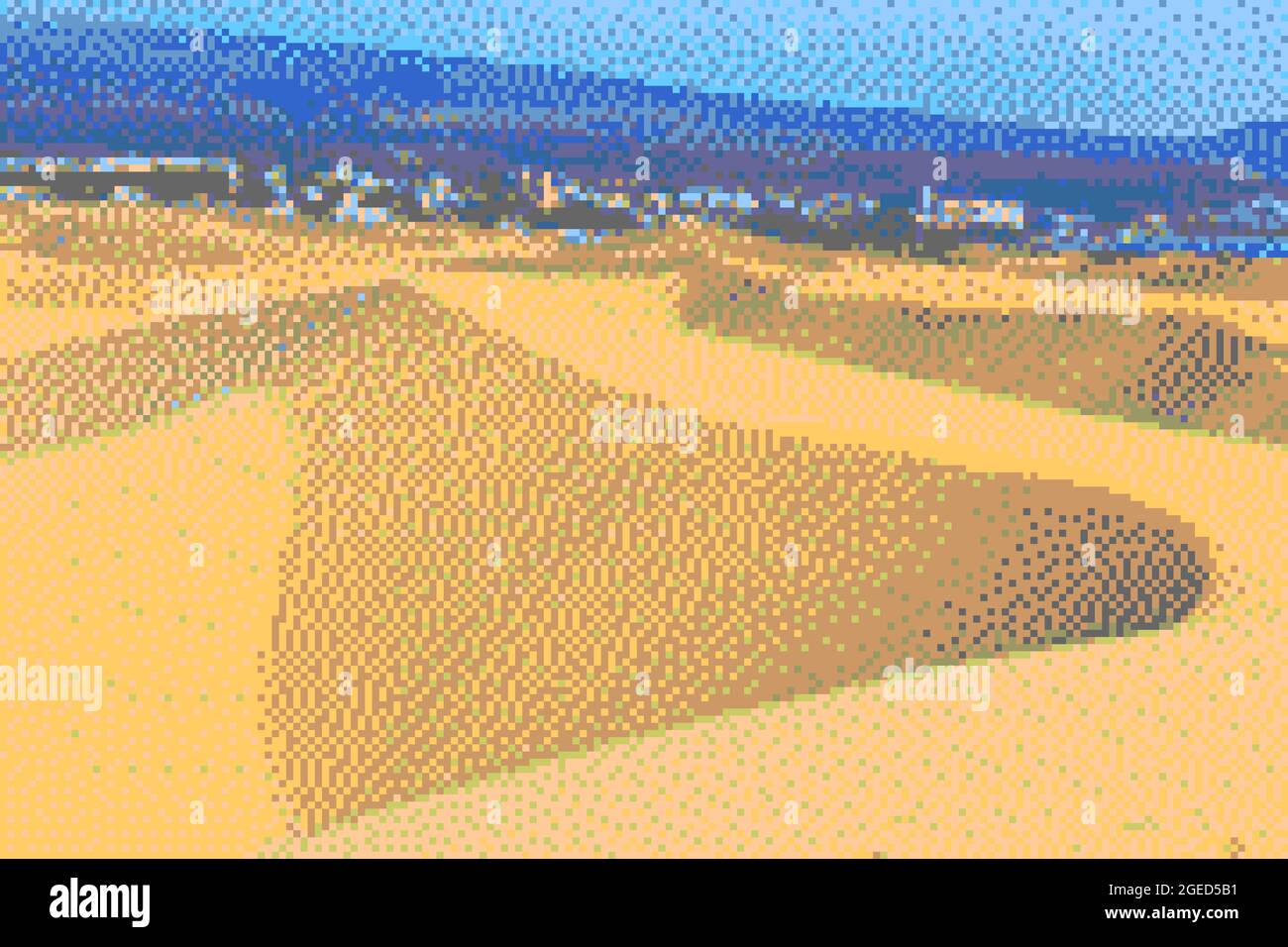 Pixel Art 8-Bit-Grafik. Wüstenlandschaft von Gran Canaria. Stockfoto