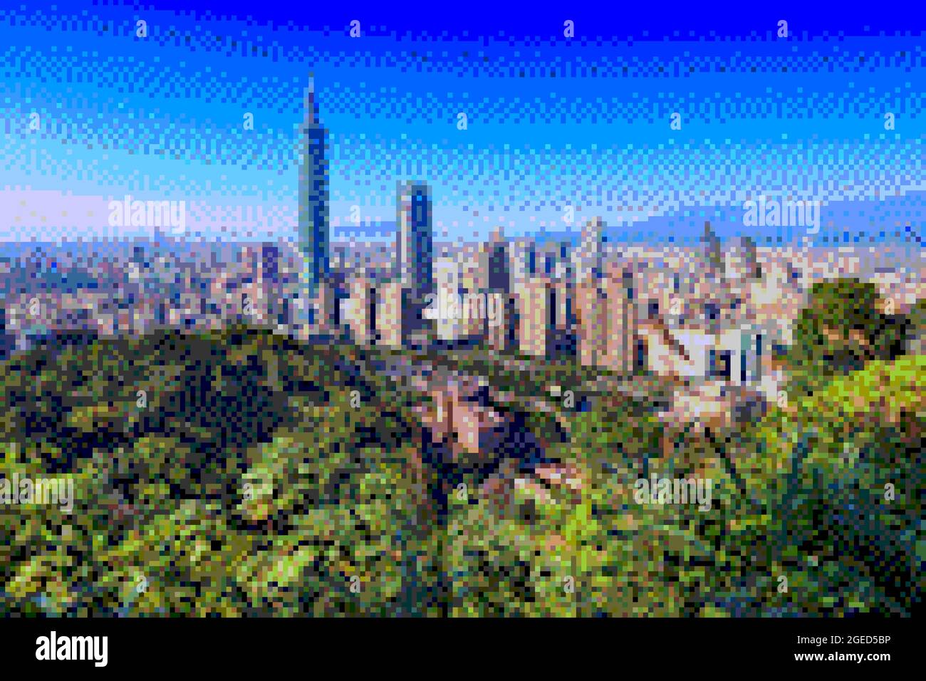 Pixel Art 8-Bit-Grafik. Skyline von Taipei, Taiwan. Stockfoto