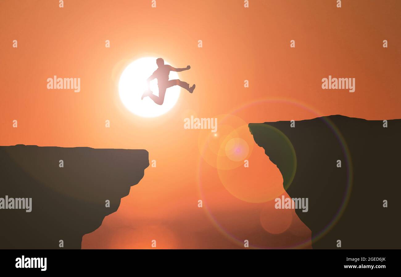 Businessman Ziel und Erfolg Konzept Idee. Mann, der vor dem Sonnenlicht über die Klippe springt. Sonnenuntergang Hintergrund.. Mutiger junger Mensch springt Stockfoto