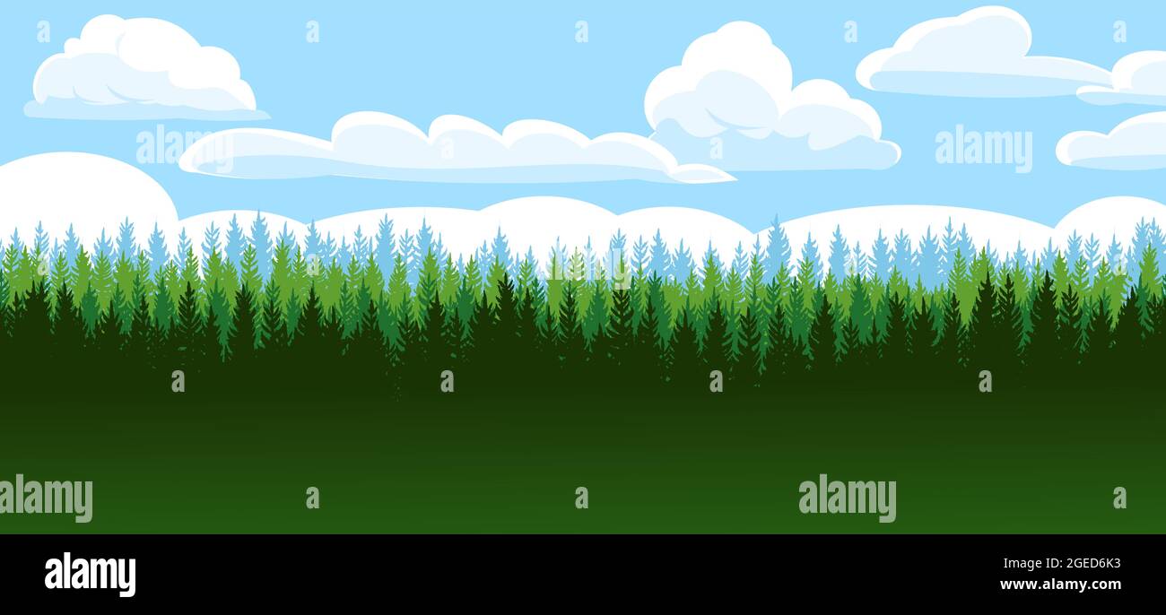 Kiefernwald. Silhouetten von Nadelbäumen. Wilde Landschaft horizontal. Cartoon-Wolken. Schöne Panoramasicht. Wunderschöner Illustrationsvektor. Stock Vektor