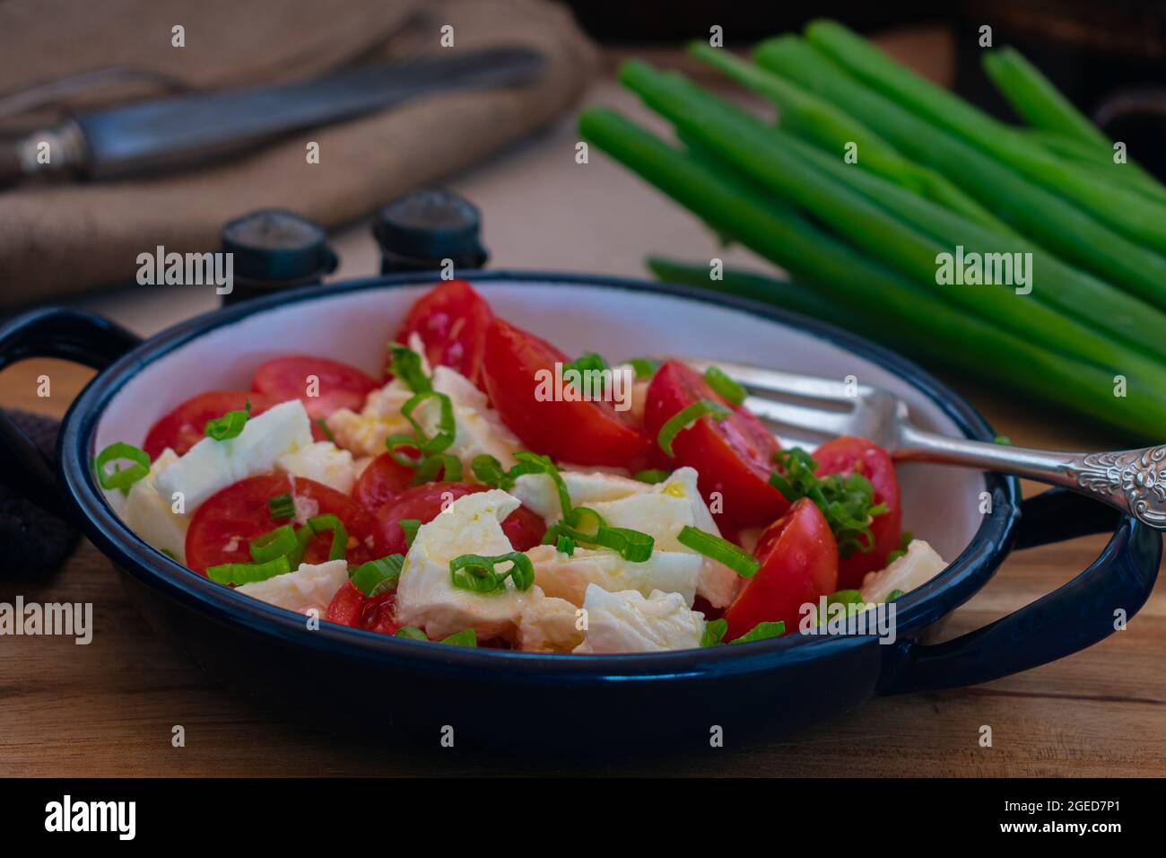 Traditioneller hausgemachter Tomatensalat mit Büffelmozzarella, Olivenöl und Schnittlauch. Serviert in einer Schüssel mit Gabel auf rustikalem und Holztisch Stockfoto