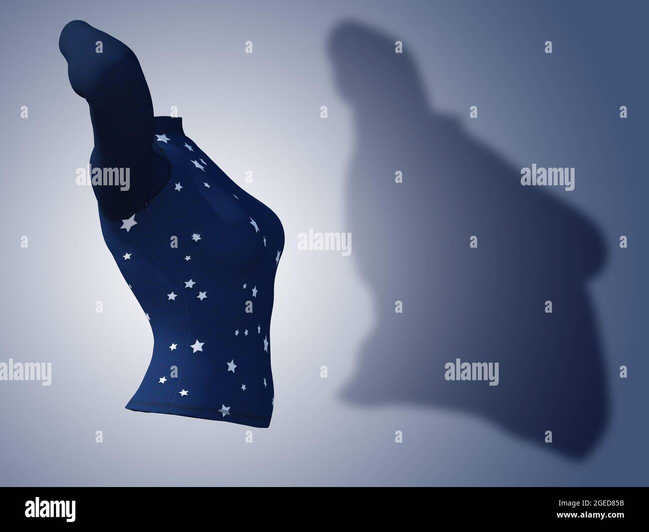 Conceptual Fat Übergewicht fettleibig Schatten weibliche Bluse Outfit vs schlank fit gesunden Körper nach Gewichtsverlust oder Diät dünne junge Frau auf blau. Ein Fitness, nu Stockfoto