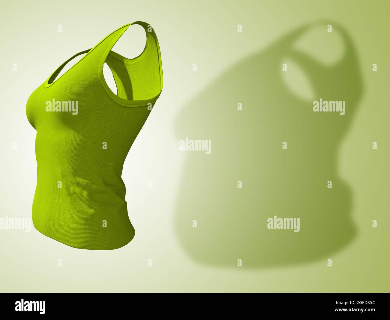 Conceptual Fat Übergewicht fettleibig Schatten weibliche Unterhemd vs schlank fit gesunden Körper nach Gewichtsverlust oder Diät dünne junge Frau auf grün. Ein Fitness, nutr Stockfoto