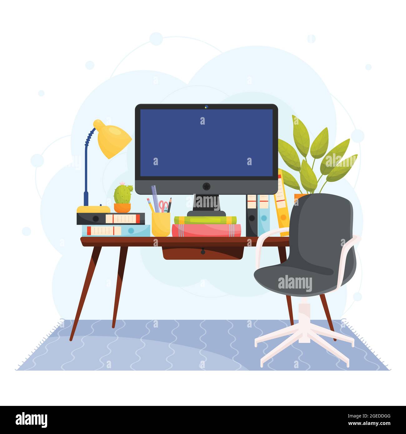 Home Office Workplace Konzept. Breitbild-Desktop auf dem Tisch. Vektorgrafik. Stock Vektor