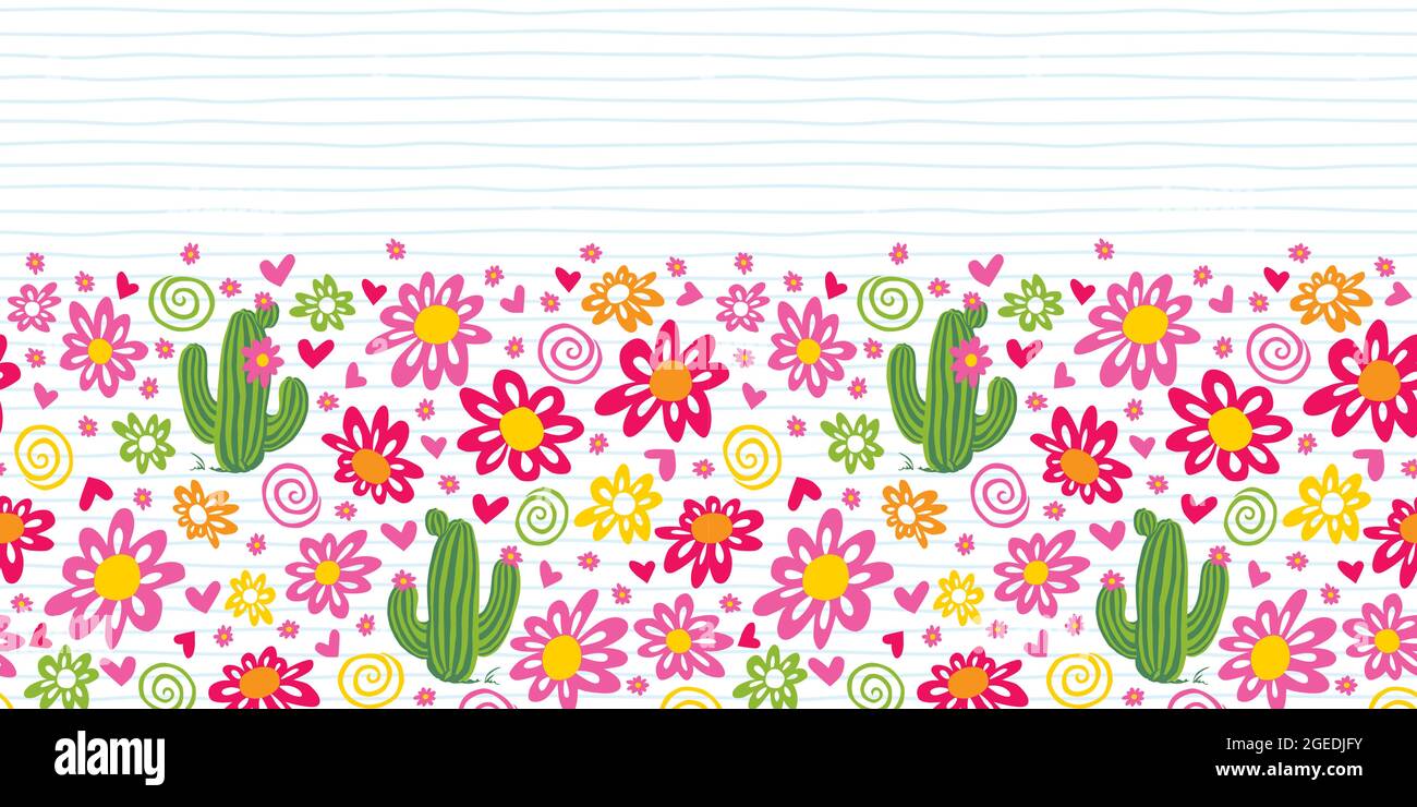 Vektor niedlichen Kaktus und Gänseblümchen Blumen horizontalen Rand Muster. Geeignet zum Dekorieren von Postern und Grafikdesignprojekten. Stock Vektor
