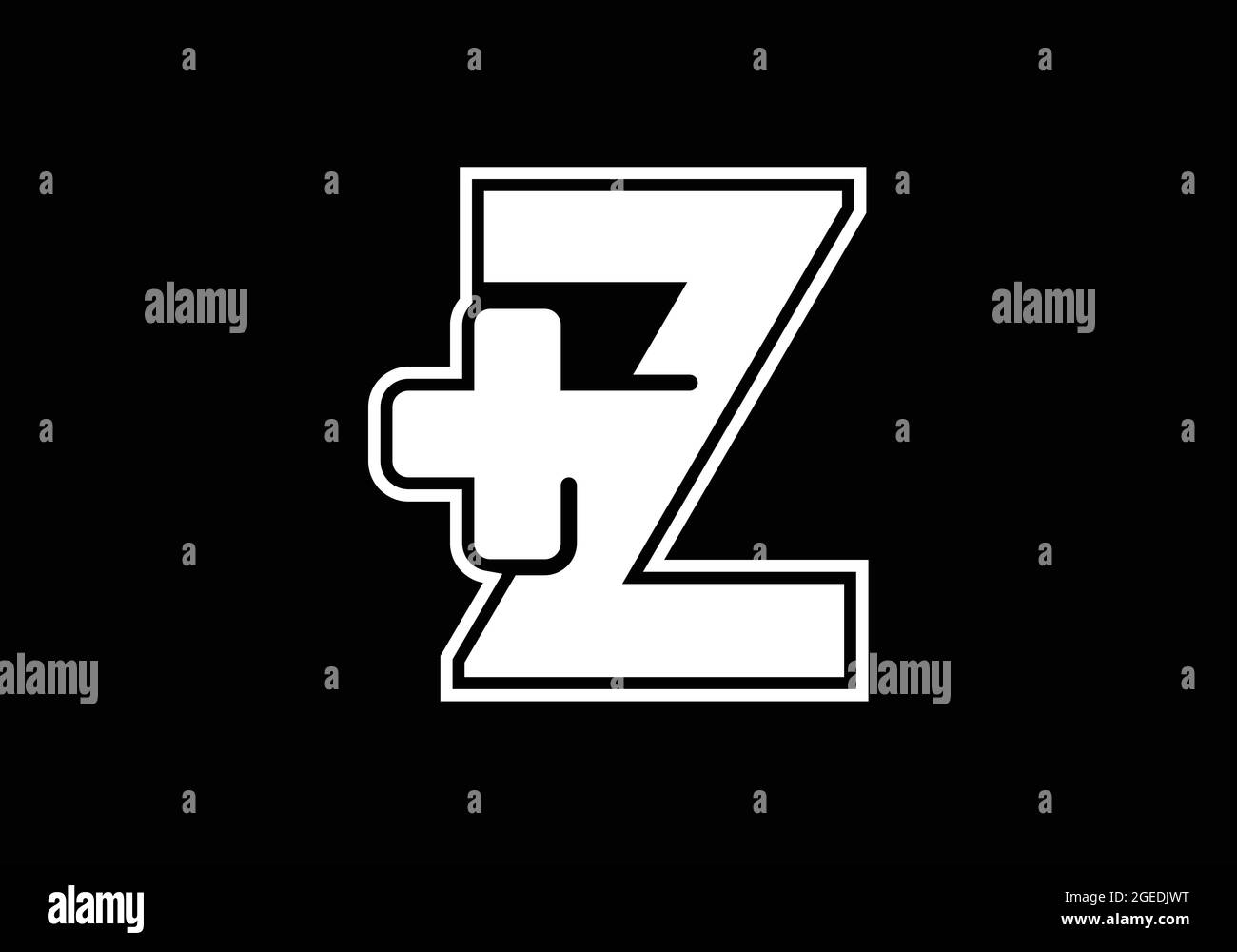 Anfängliches Z-Monogramm-Alphabet mit einem Plus-Logo-Zeichen weiß auf schwarzem Hintergrund. Schrift-Emblem. Modernes Vektorlogo für Medizin- oder Gesundheitsbranche Stock Vektor