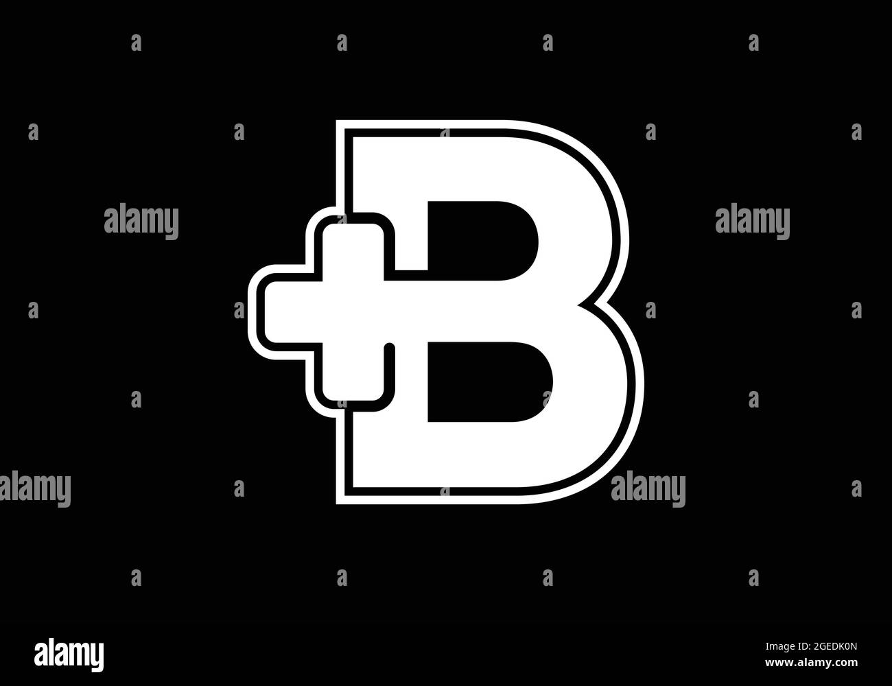Initial B Monogramm Alphabet mit einem Plus-Logo Zeichen weiß auf schwarzem Hintergrund. Schrift-Emblem. Modernes Vektorlogo für Medizin- oder Gesundheitsbranche Stock Vektor