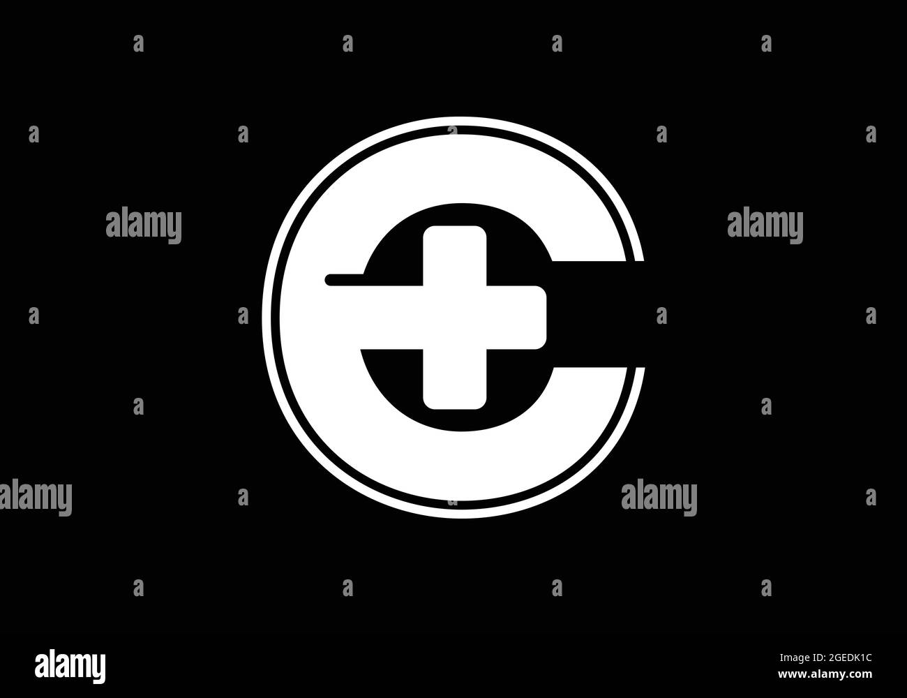 Anfängliches C-Monogramm-Alphabet mit einem Plus-Logo-Zeichen weiß auf schwarzem Hintergrund. Schrift-Emblem. Modernes Vektorlogo für Medizin- oder Gesundheitsbranche Stock Vektor