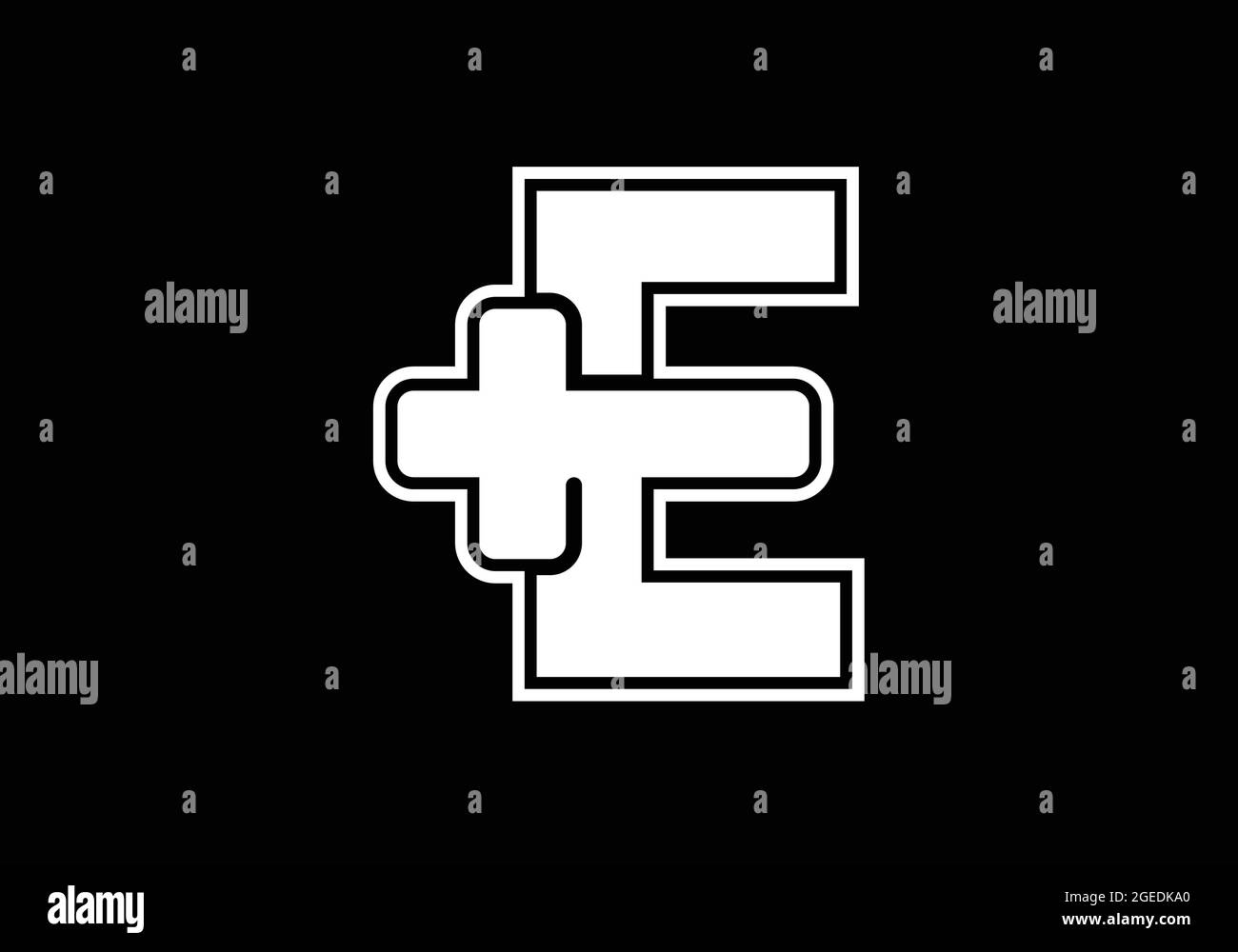 Initial E Monogramm Alphabet mit einem Plus-Logo Zeichen weiß auf schwarzem Hintergrund. Schrift-Emblem. Modernes Vektorlogo für Medizin- oder Gesundheitsbranche Stock Vektor