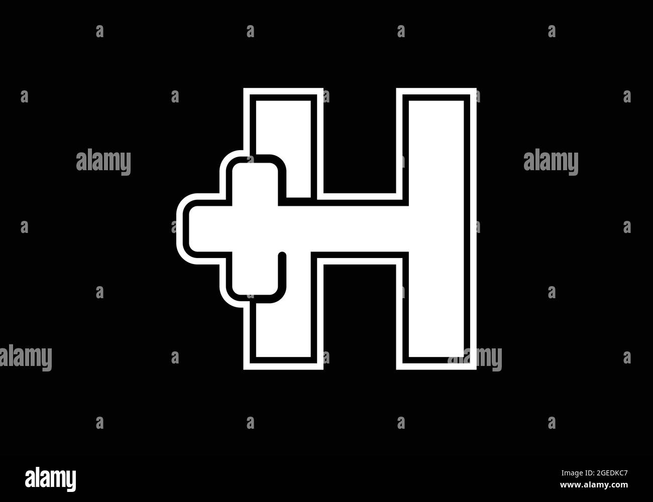 Initial H Monogramm Alphabet mit einem Plus-Logo Zeichen weiß auf schwarzem Hintergrund. Schrift-Emblem. Modernes Vektorlogo für Medizin- oder Gesundheitsbranche Stock Vektor