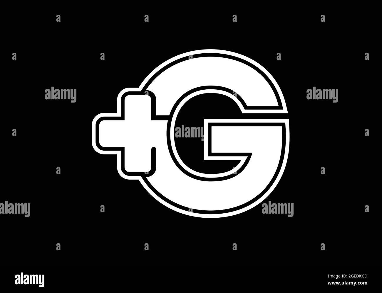 Anfängliches G-Monogramm-Alphabet mit einem Plus-Logo-Zeichen weiß auf schwarzem Hintergrund. Schrift-Emblem. Modernes Vektorlogo für Medizin- oder Gesundheitsbranche Stock Vektor
