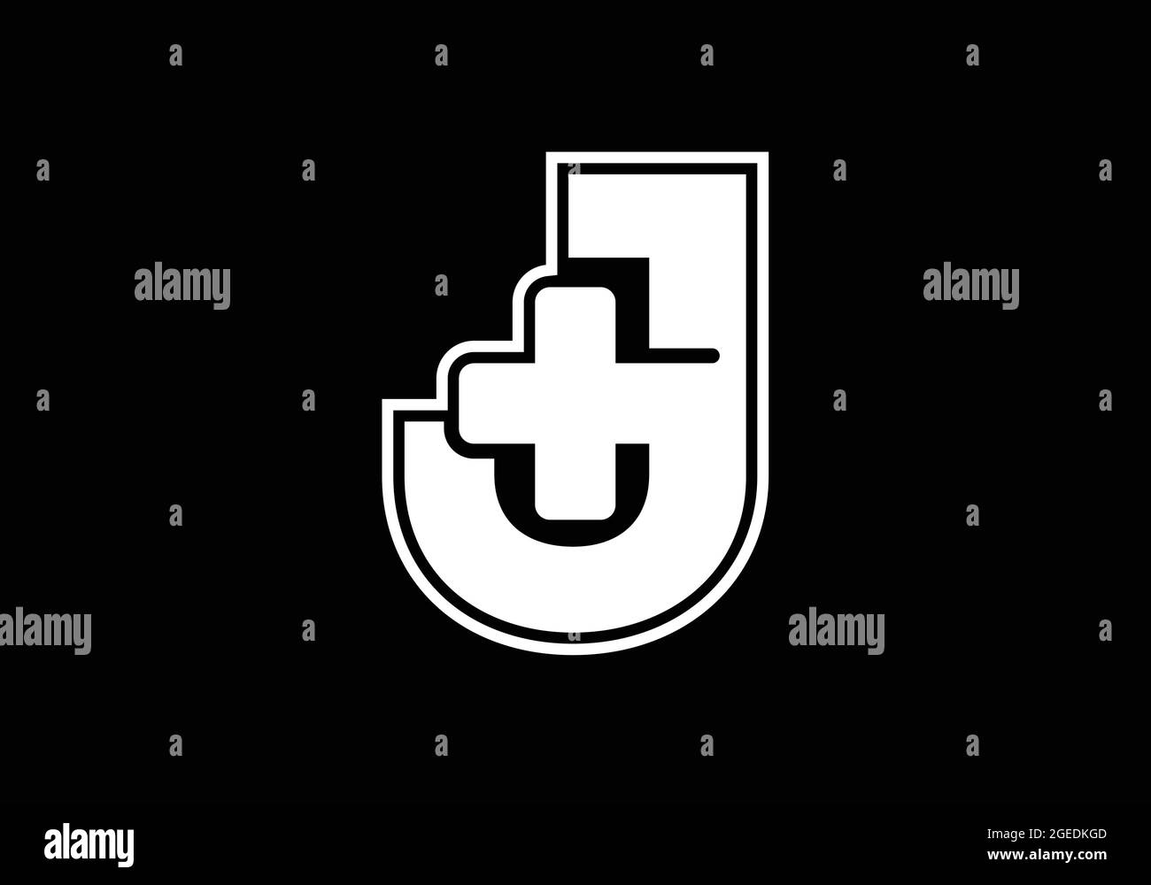 Anfängliches J-Monogramm-Alphabet mit einem Plus-Logo-Zeichen weiß auf schwarzem Hintergrund. Schrift-Emblem. Modernes Vektorlogo für Medizin- oder Gesundheitsbranche Stock Vektor