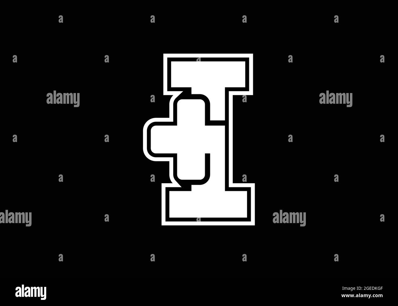 Initial I Monogramm Alphabet mit einem Plus-Logo Zeichen weiß auf schwarzem Hintergrund. Schrift-Emblem. Modernes Vektorlogo für Medizin- oder Gesundheitsbranche Stock Vektor