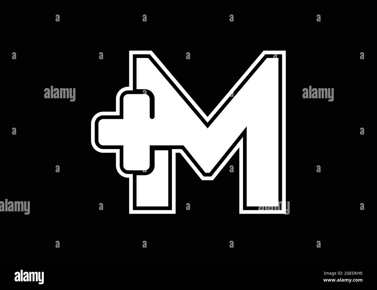 Initial M Monogramm Alphabet mit einem Plus-Logo Zeichen weiß auf schwarzem Hintergrund. Schrift-Emblem. Modernes Vektorlogo für Medizin- oder Gesundheitsbranche Stock Vektor
