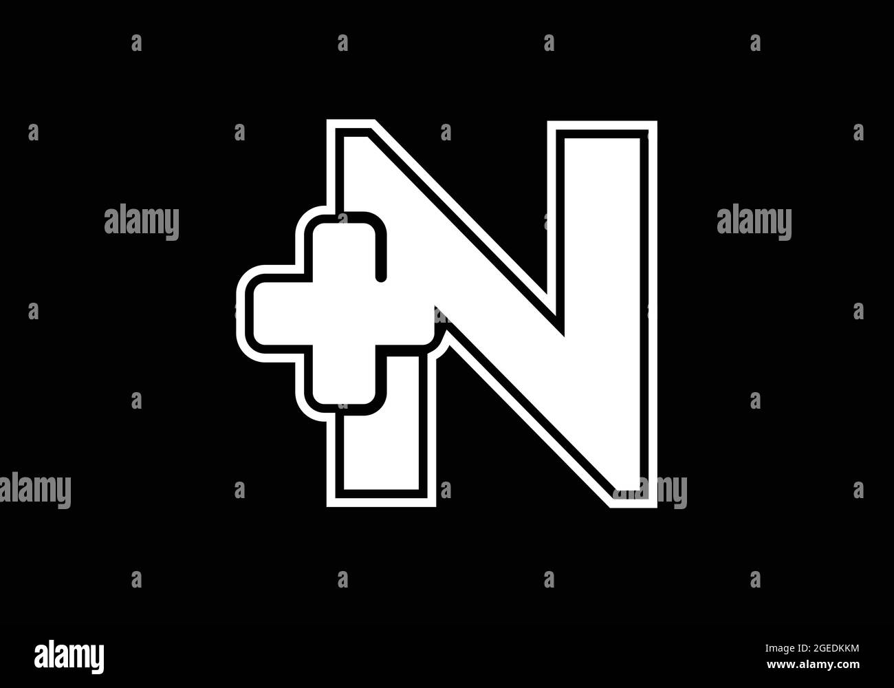 Initial N Monogramm Alphabet mit einem Plus-Logo Zeichen weiß auf schwarzem Hintergrund. Schrift-Emblem. Modernes Vektorlogo für Medizin- oder Gesundheitsbranche Stock Vektor