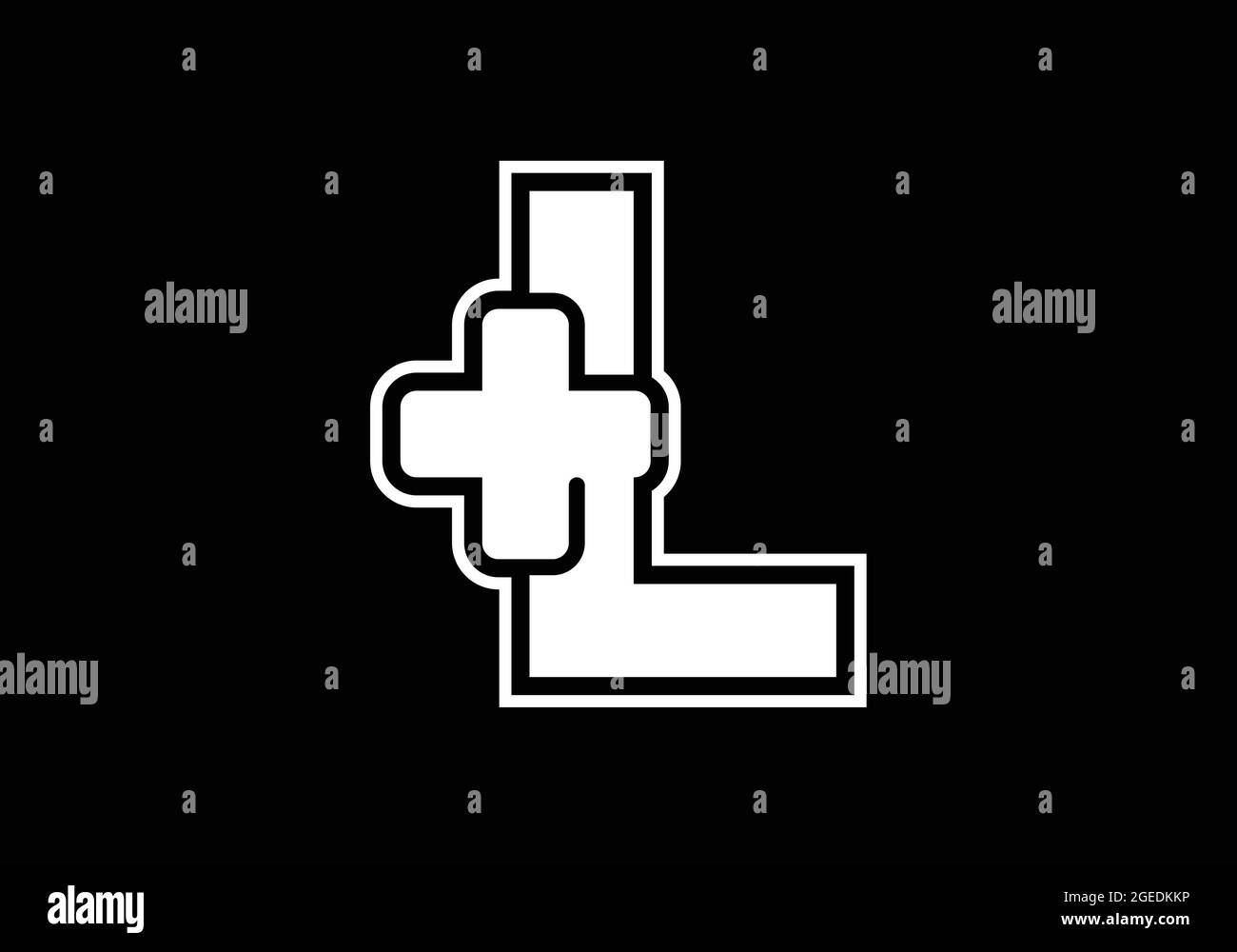 Initial L Monogramm Alphabet mit einem Plus-Logo Zeichen weiß auf schwarzem Hintergrund. Schrift-Emblem. Modernes Vektorlogo für Medizin- oder Gesundheitsbranche Stock Vektor