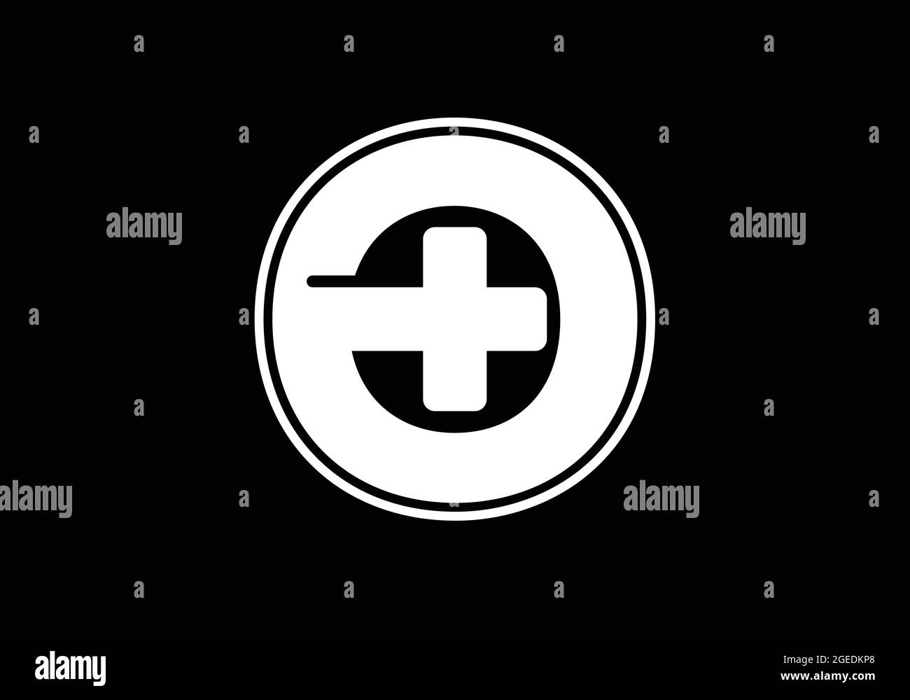 Initial O Monogramm Alphabet mit einem Plus-Logo Zeichen weiß auf schwarzem Hintergrund. Schrift-Emblem. Modernes Vektorlogo für Medizin- oder Gesundheitsbranche Stock Vektor