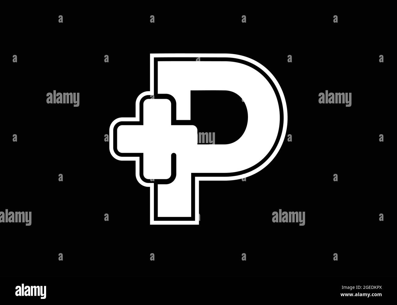 Anfängliches P-Monogramm-Alphabet mit einem Plus-Logo-Zeichen weiß auf schwarzem Hintergrund. Schrift-Emblem. Modernes Vektorlogo für Medizin- oder Gesundheitsbranche Stock Vektor