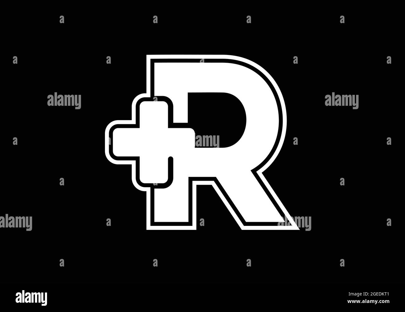 Anfängliches R-Monogramm-Alphabet mit einem Plus-Logo auf weißem Hintergrund. Schrift-Emblem. Modernes Vektorlogo für Medizin- oder Gesundheitsbranche Stock Vektor