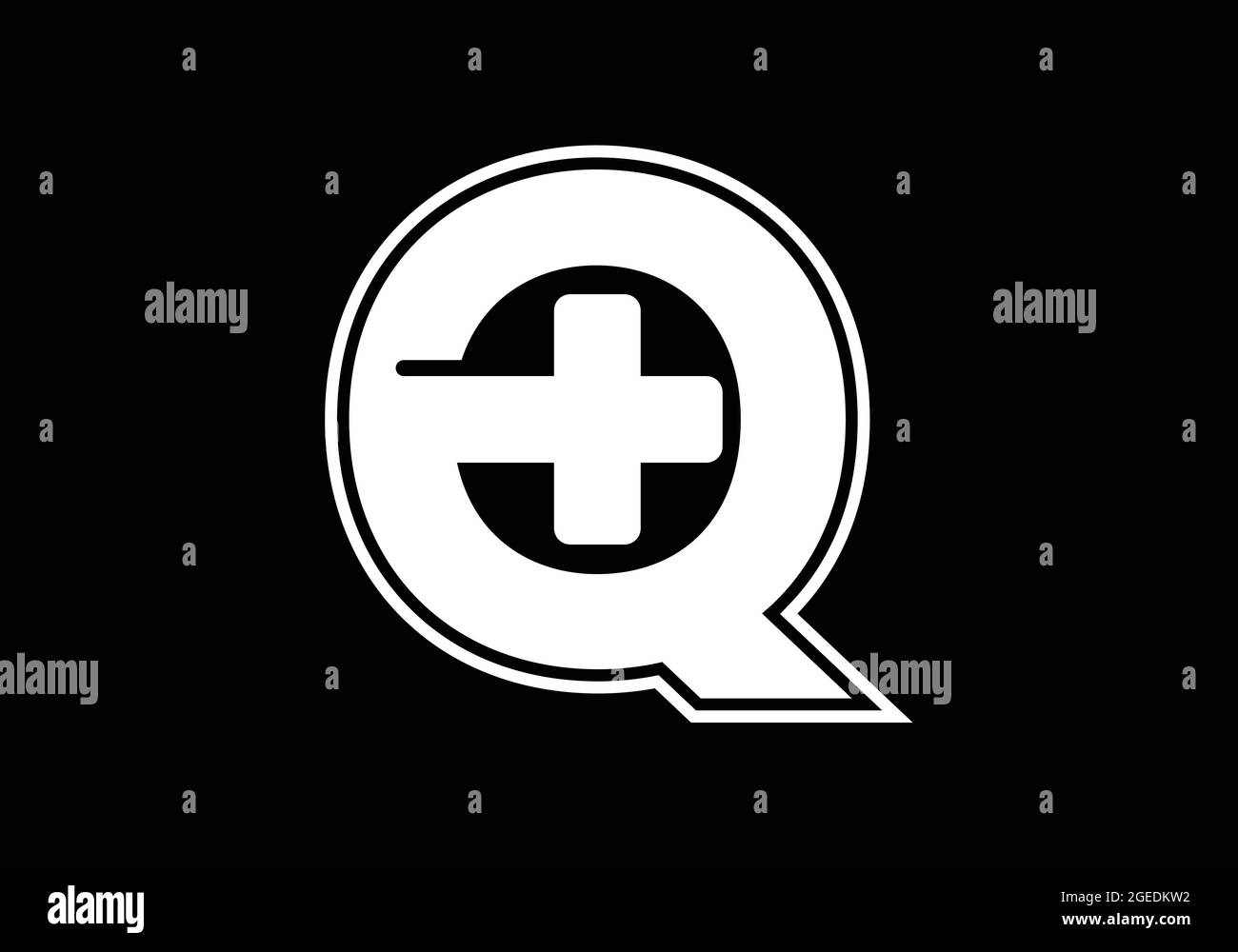 Anfängliches Q-Monogramm-Alphabet mit einem Plus-Logo auf weißem Hintergrund. Schrift-Emblem. Modernes Vektorlogo für Medizin- oder Gesundheitsbranche Stock Vektor