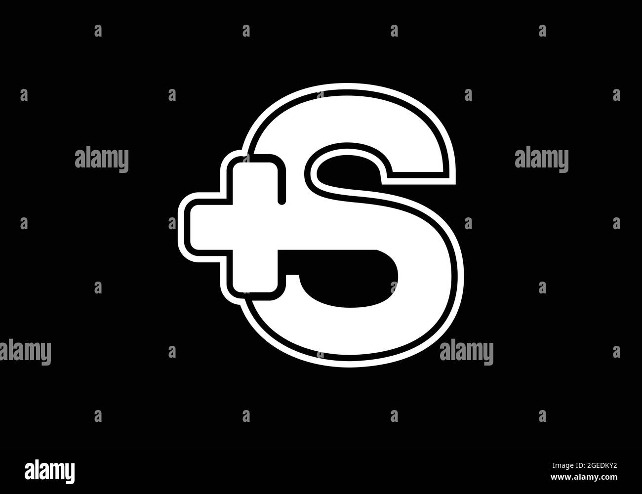 Anfängliches S-Monogramm-Alphabet mit einem Plus-Logo-Zeichen weiß auf schwarzem Hintergrund. Schrift-Emblem. Modernes Vektorlogo für Medizin- oder Gesundheitsbranche Stock Vektor