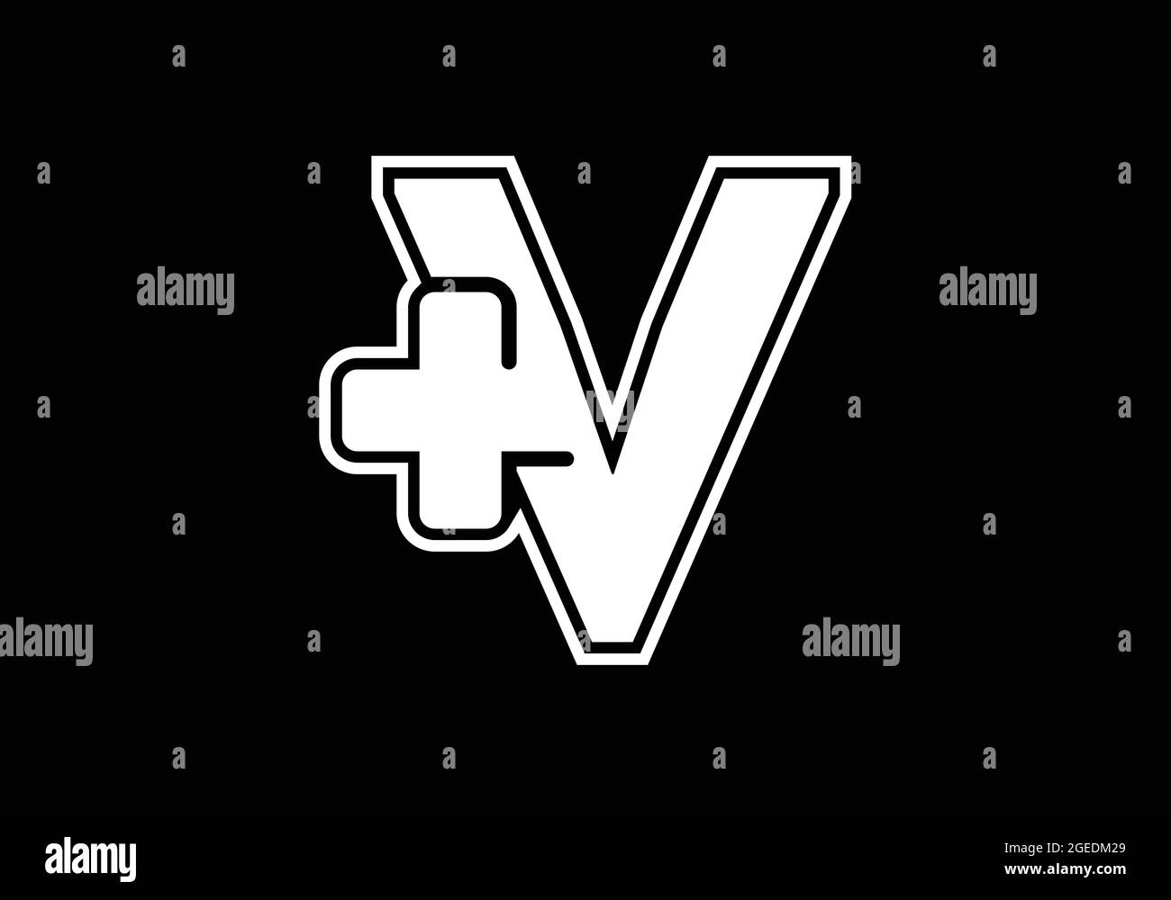 Initial V Monogramm Alphabet mit einem Plus-Logo Zeichen weiß auf schwarzem Hintergrund. Schrift-Emblem. Modernes Vektorlogo für Medizin- oder Gesundheitsbranche Stock Vektor