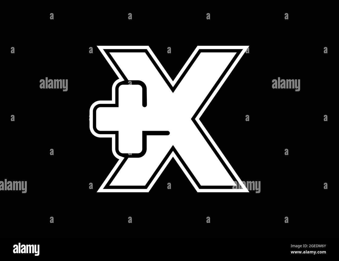 Anfängliches X-Monogramm-Alphabet mit einem Plus-Logo-Zeichen weiß auf schwarzem Hintergrund. Schrift-Emblem. Modernes Vektorlogo für Medizin- oder Gesundheitsbranche Stock Vektor