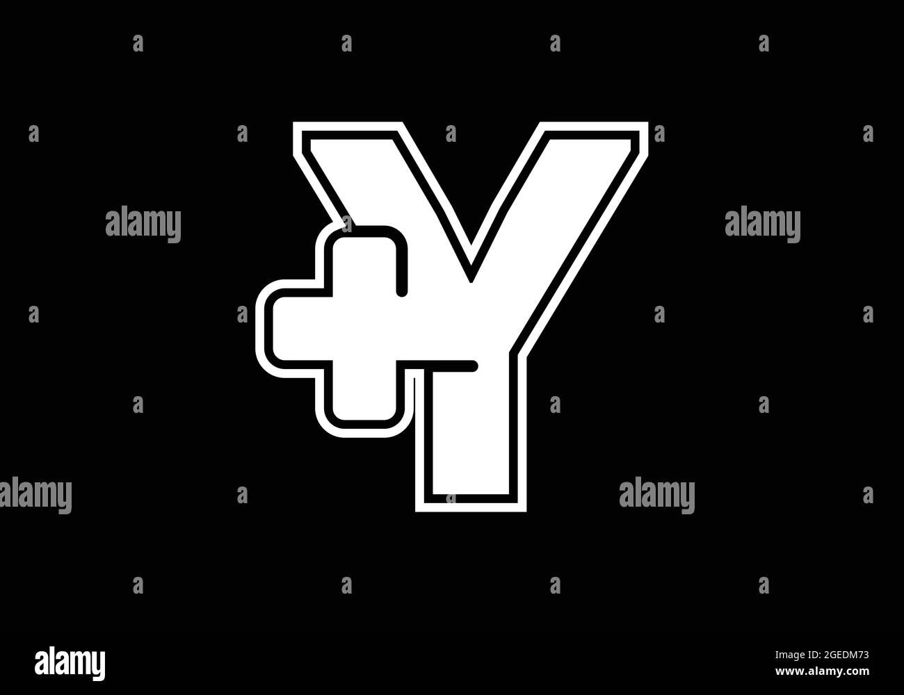 Anfängliches Y-Monogramm-Alphabet mit einem Plus-Logo-Zeichen weiß auf schwarzem Hintergrund. Schrift-Emblem. Modernes Vektorlogo für Medizin- oder Gesundheitsbranche Stock Vektor