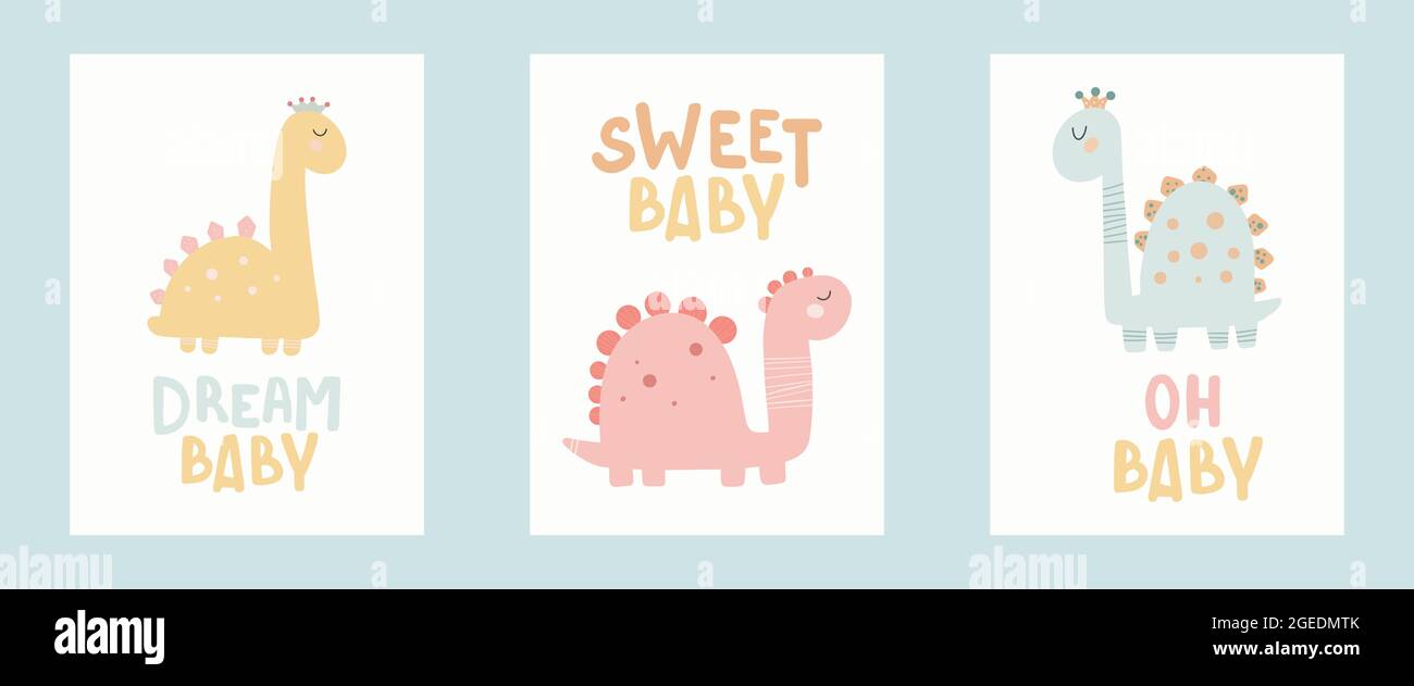 Dino Babyprinzessin Poster mit niedlichem Schriftzug. Kindisch einfache Hand zeichnen Stil Pastell Palette Niedlichen Druck Vektor Stock Vektor