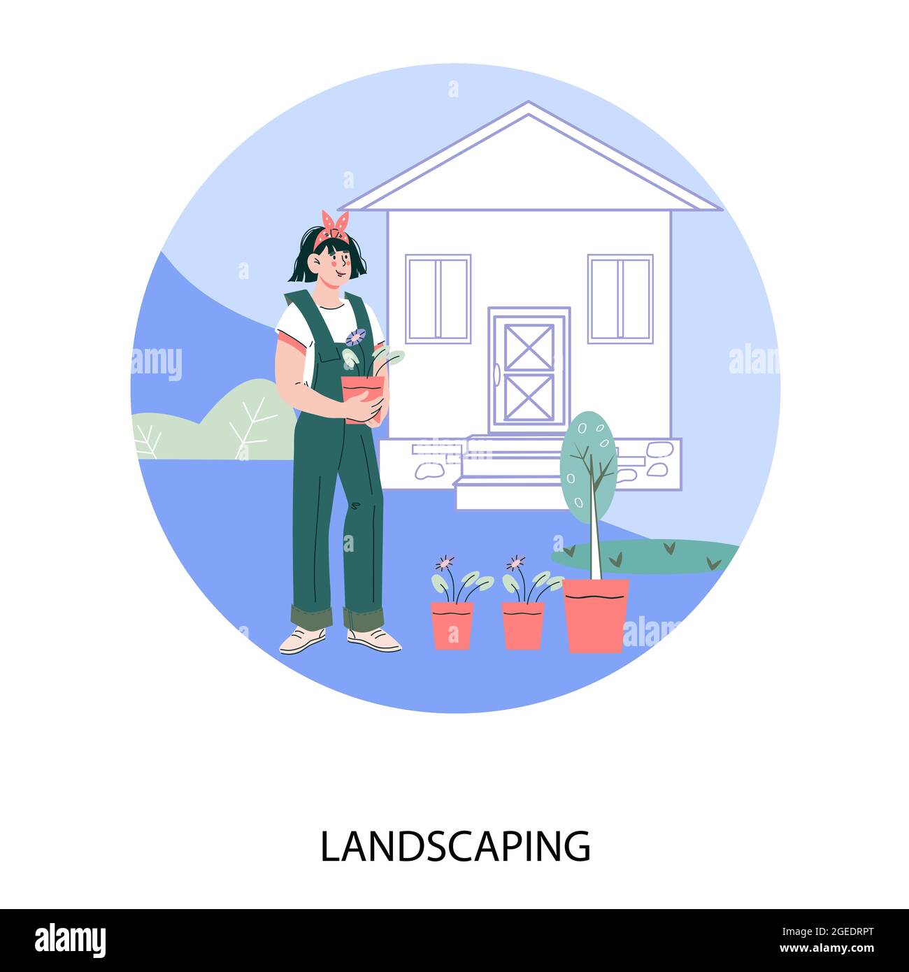 Landschaftsdesign Studio Business oder Landschaftsbau Service-Karte oder Banner-Vorlage. Emblem für Gartenarbeit und Garten dekorative Pflanzung, flache Vektor-Illust Stock Vektor