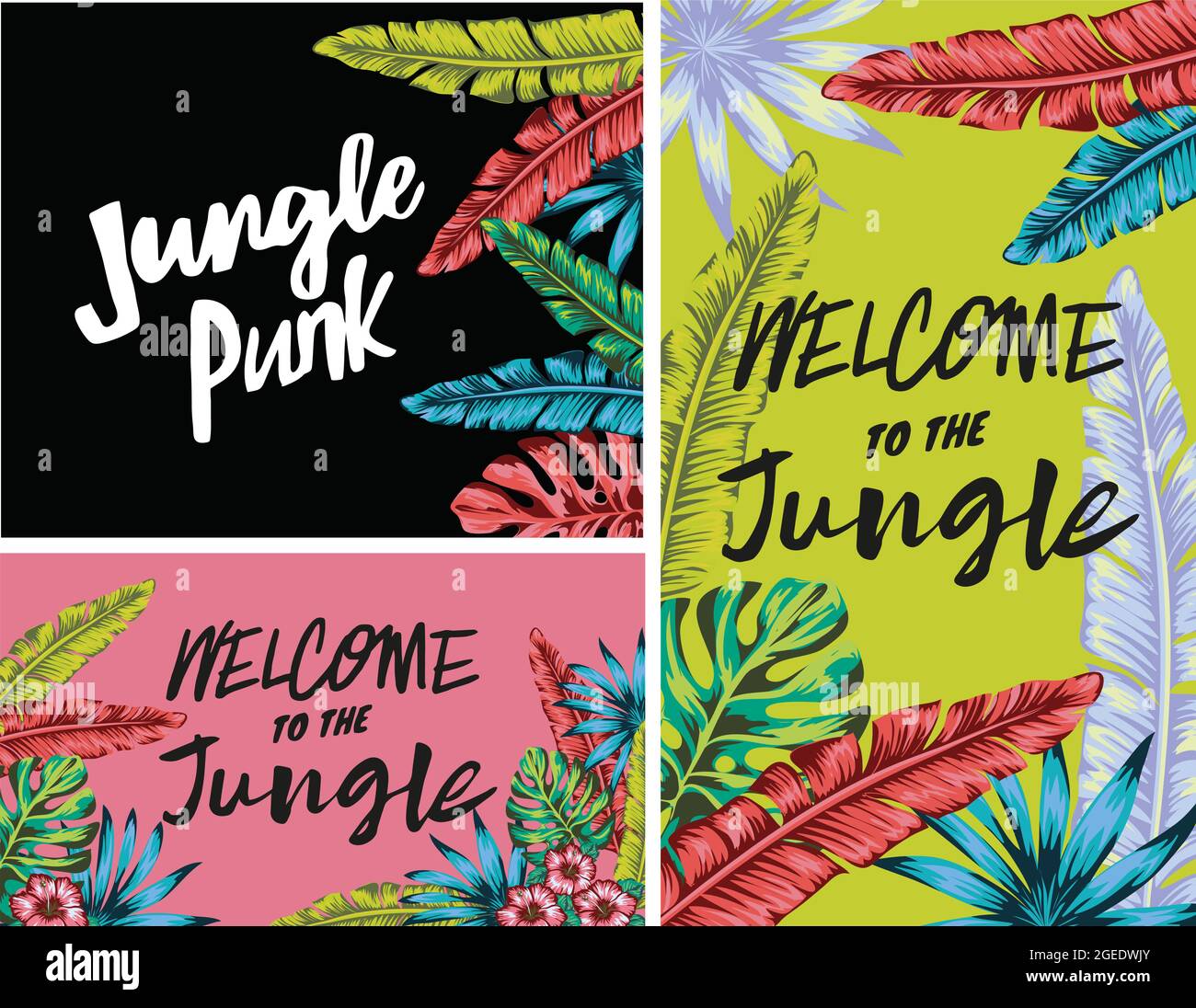 Set von Designs für die Dekoration, willkommen im Dschungel, Rabatt-Banner in Dschungel Punk-Dekoration, helle Anwendungen von Palmblättern und tropischen Pflanzen Stock Vektor