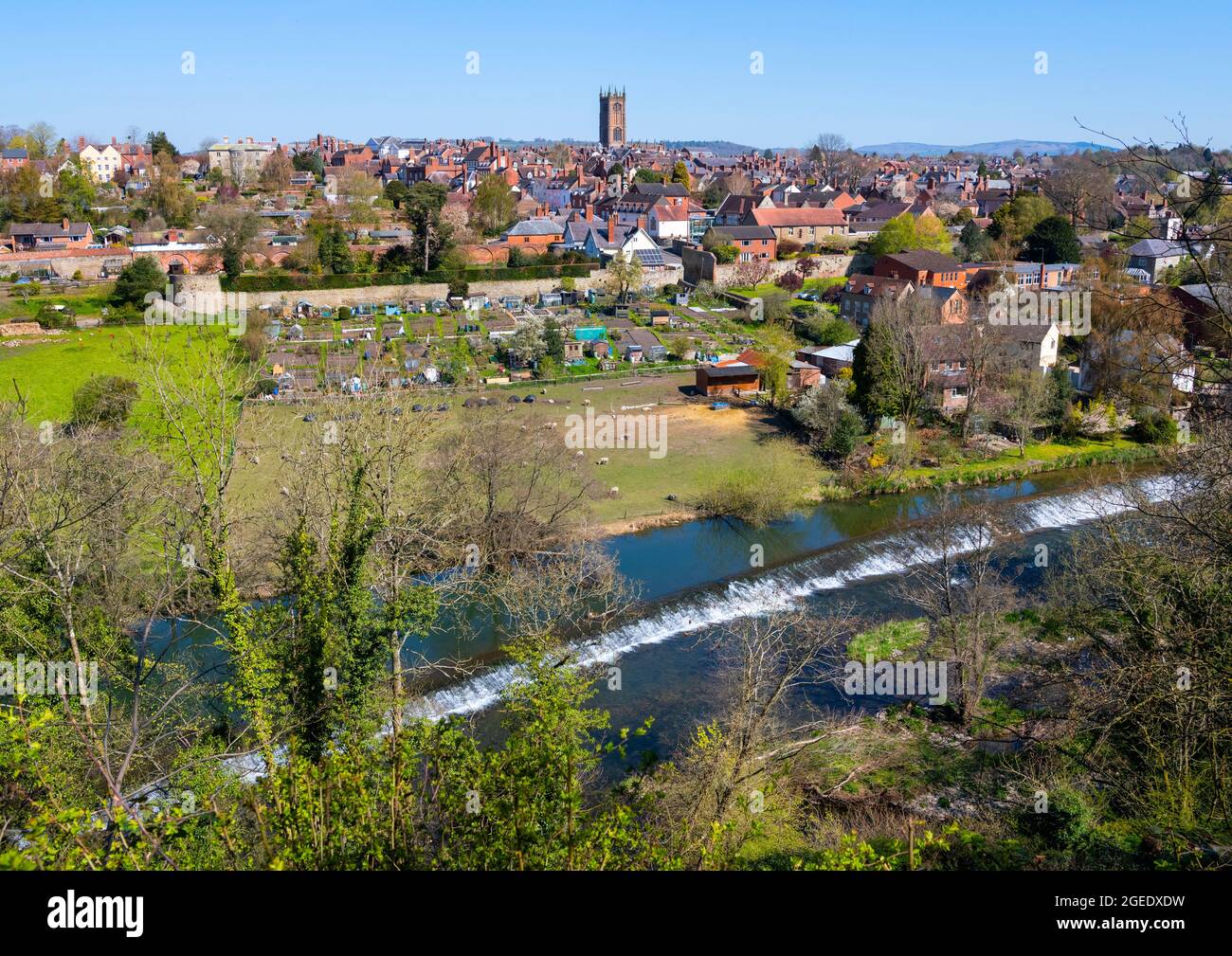 Die Stadt Ludlow, Shropshire, mit dem Fluss Teme, von Whitcliffe Common aus gesehen. Stockfoto