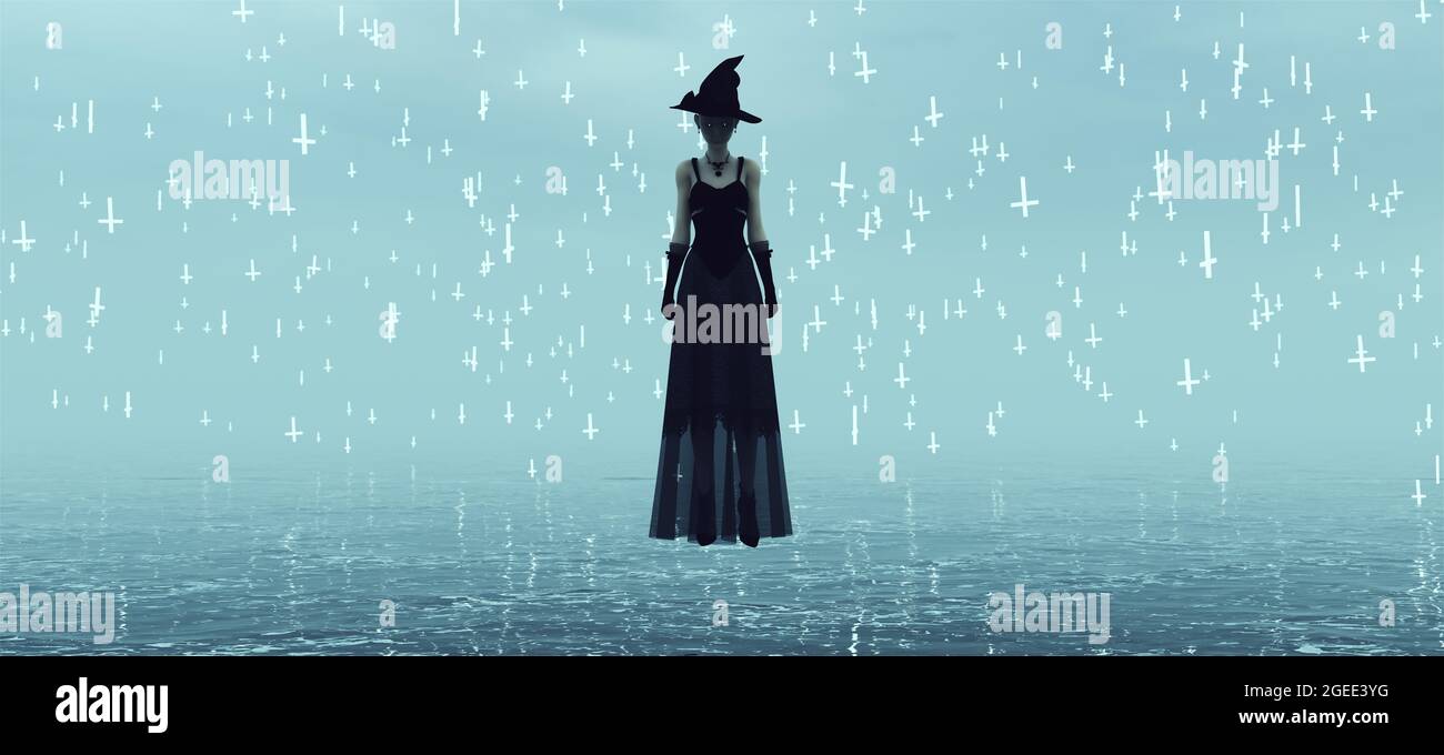 Hexe in einem langen Kleid und Korsett mit Hut und Handschuhe schweben leicht vom Boden in Schwarz im Wasser stehend und schwimmend Weiß kreuzt bedeckt Stockfoto