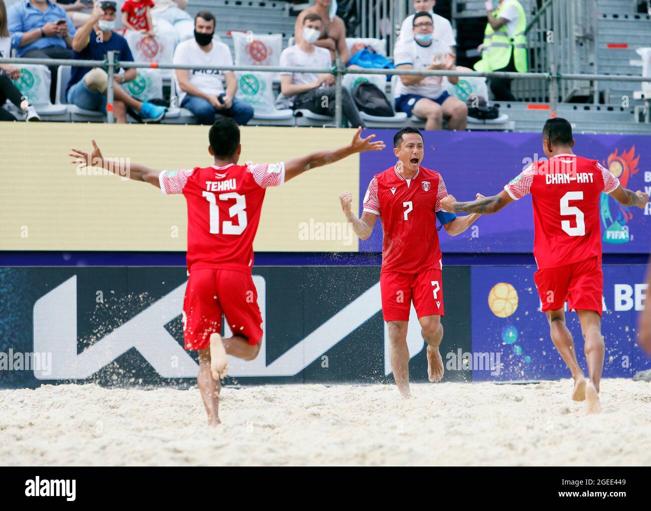 Moskau, Russland, 19. August 2021: FIFA Fußball-Weltmeisterschaft am Strand; Raimana John do Taiti, comemora o Seu gol durante a partida entre Emirados &#xc1; rabes e Taiti, pela 1&#xaa; rodada do Grupo B da Copa do Mundo de Futebol de Areia FIFA 2021, no Estádio Luzhniki nesta quinta-feira, 19. Kredit: Aktion Plus Sport Bilder/Alamy Live Nachrichten Stockfoto