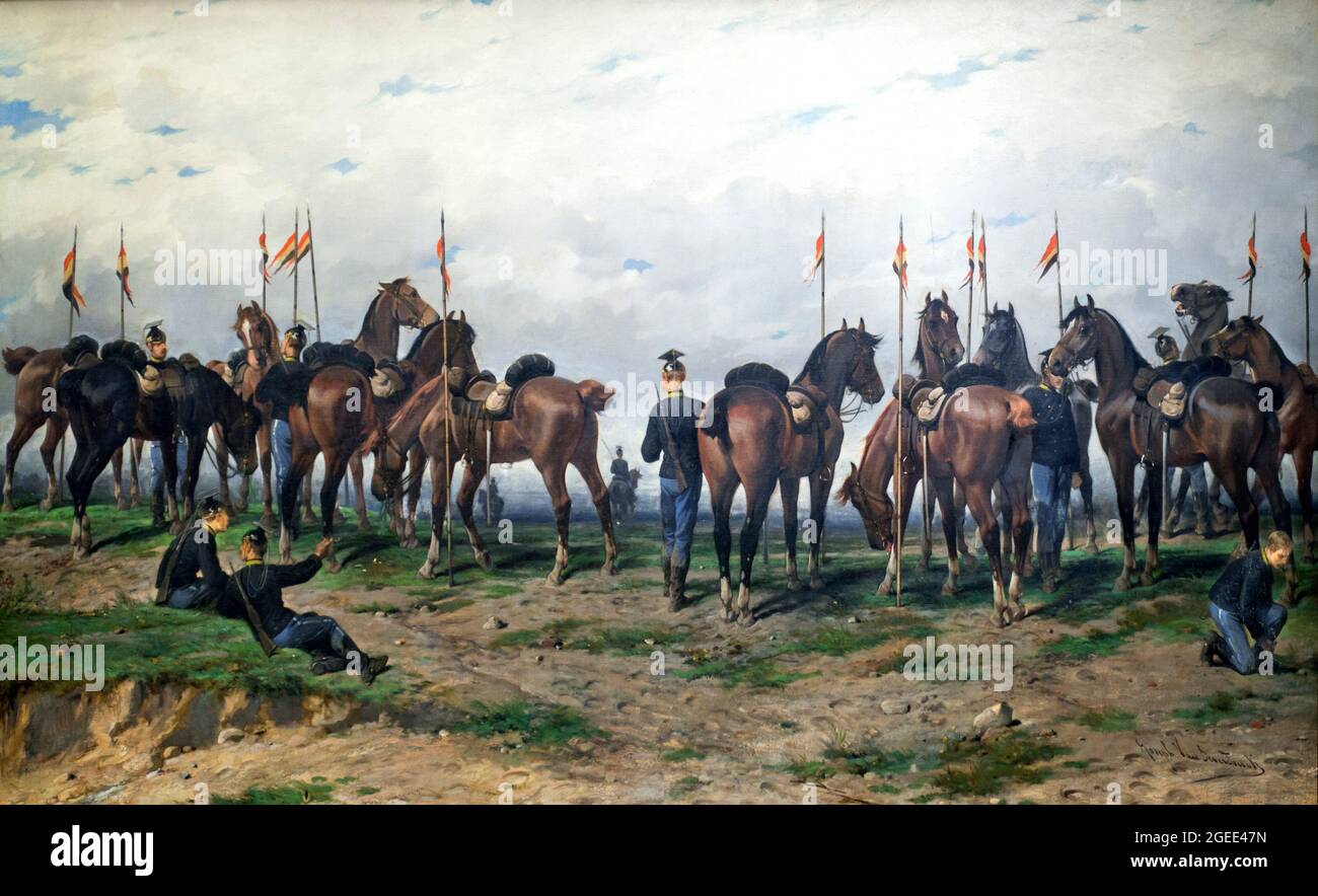 Gemälde mit Schlachtfeld aus dem späten 19. Jahrhundert mit belgischen Lanzen, Kavallerie, die mit Lanzen kämpften Stockfoto