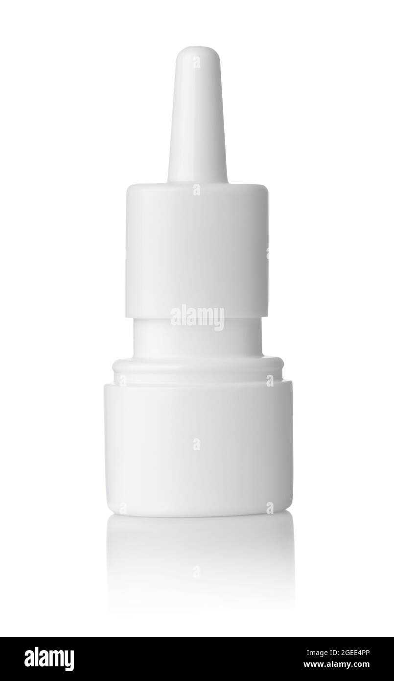 Vorderansicht der leeren nasalen Sprühflasche aus Kunststoff, isoliert auf Weiß Stockfoto