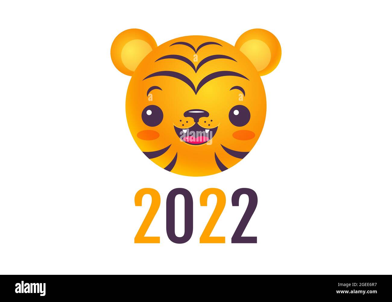 Vektor-Emblem für das neue Jahr 2022 mit Kopf eines Tigers. Vintage-Druck für T-Shirt von Kawaii Tiger für 2022 Jahre. Tiger-Emoji. Stock Vektor