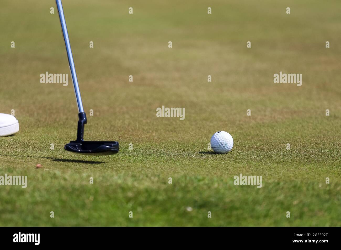 Unterer Teil des Mannes, der auf einer Driving Range auf einem grünen Feld Golf spielt Stockfoto