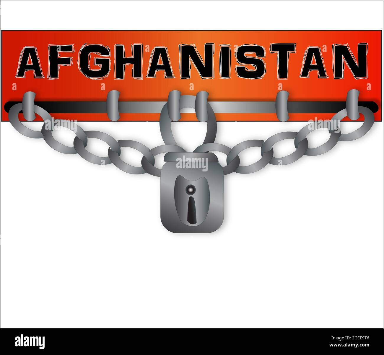 Grafikdesign mit Konzept der Taliban-Übernahme in Afghanistan. Orangefarbenes Banner mit Text und großer Kette und einem daran hängenden Schloss. Stockfoto