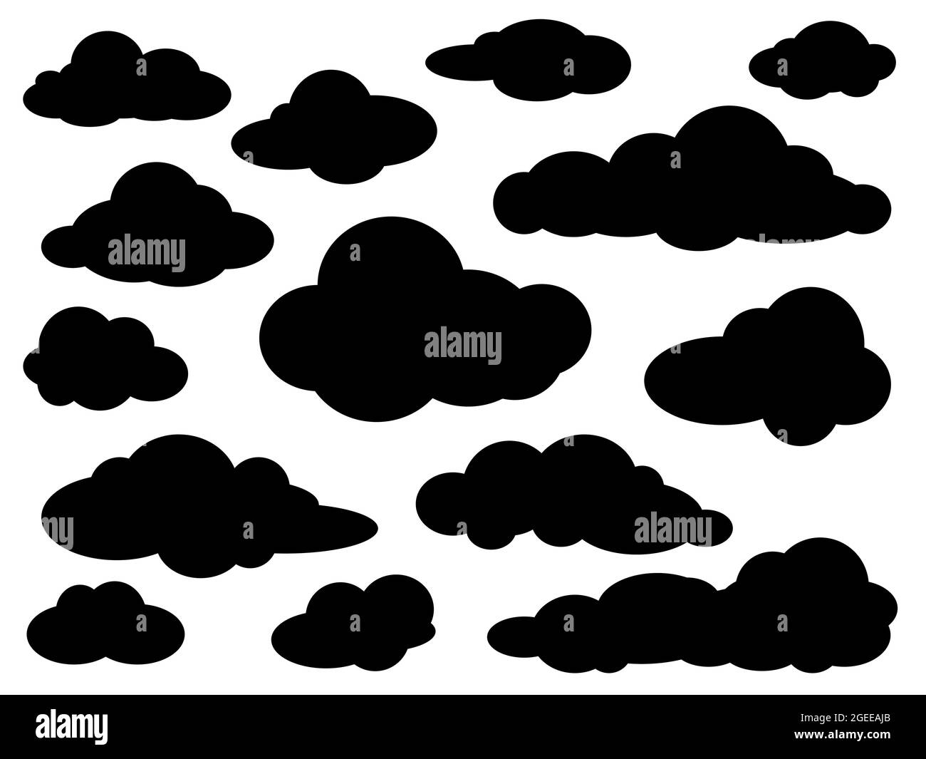 Set aus verschiedenen schwarzen Wolken Silhouetten auf weißem Hintergrund. Einfache Symbolsammlung. Vektorgrafik Stock Vektor
