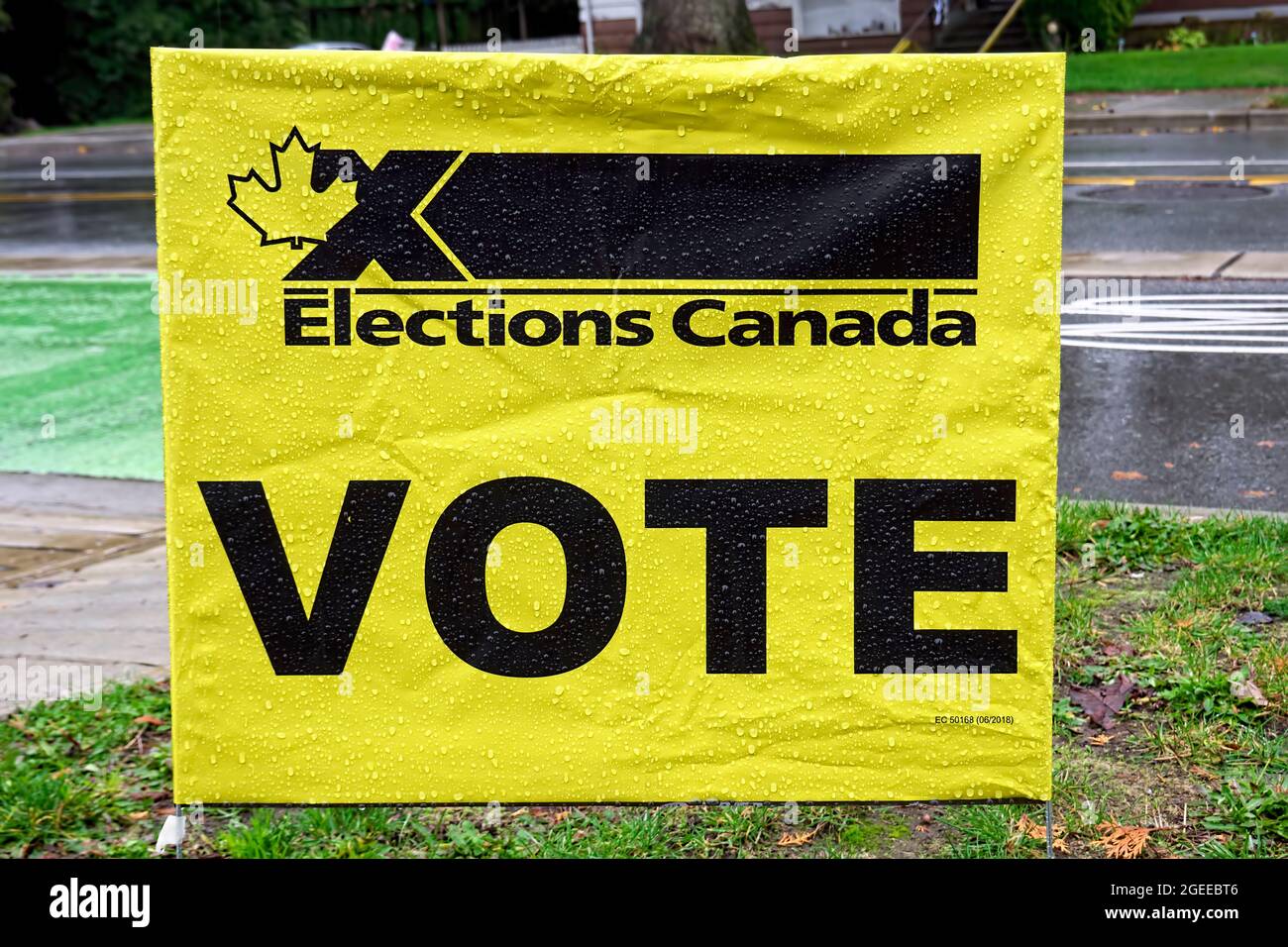 Gelbe und schwarze Wahlen Canada Vote-Zeichen auf einer Straße in Maple Ridge, British Columbia, Kanada angezeigt. Stockfoto