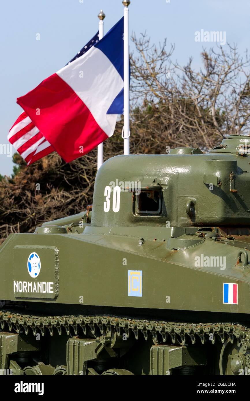 Der Sherman-Panzer "Normandie", 2. Französisches Panzerdivision Landungen Monument, Manche Department, Cotentin, Normandie Region, Frankreich Stockfoto