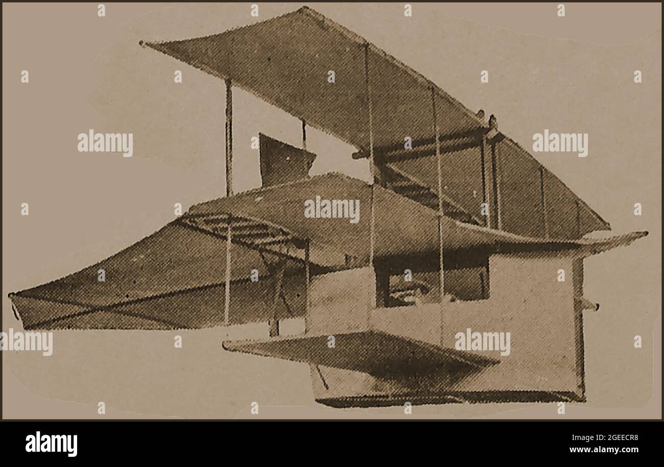 Eine frühe Illustration von Pionierflugzeugen - Stringfellow's Design für ein motorgetriebenes Tri-Plane. John Stringfellow (1799 – 1883) gründete eine Designpartnerschaft mit dem Luftfahrtpionier William Samuel Henson, einem weiteren britischen Erfinder der frühen Luftfahrt, der für seine Arbeit an der Luftdampfbeförderung bekannt ist. Stockfoto