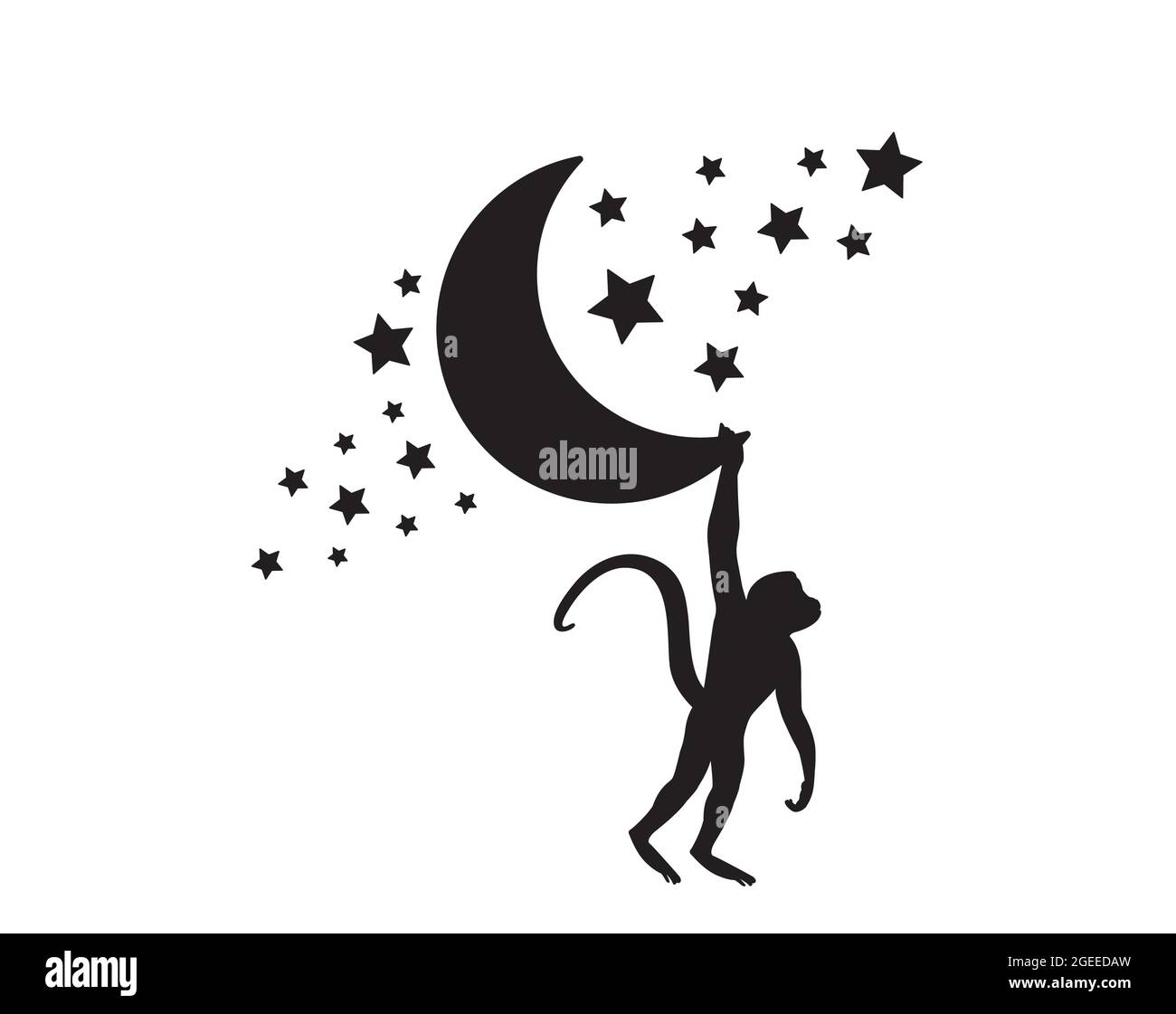 Monkey Silhouette und Mond mit Sternen Illustration, Vektor. Monkey Silhouette auf Mond isoliert auf weißem Hintergrund. Kindliche Wandtattoos, Stickerkunst Stock Vektor