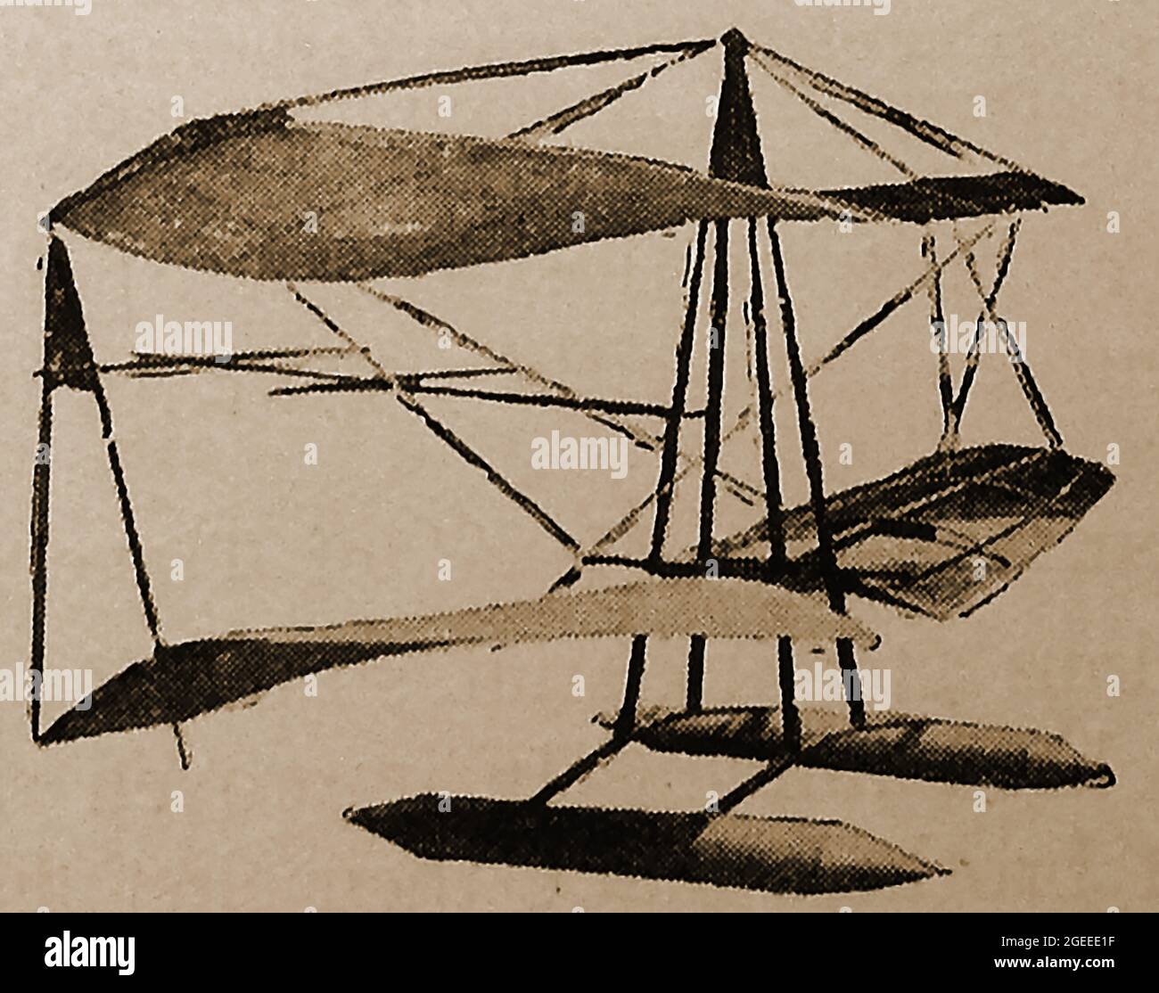 Eine frühe Illustration von Pionierflugzeugen - frühen Flugzeugen - einem amerikanischen Segelflugzeug, das von Gallaudet im Jahr 1898 produziert wurde. Edson Fessenden Gallaudet ( 1871 – 1945 ) war ein Pionier der Luftfahrt, bekannt für seine Entwicklung von Tragflächen und Flugzeugantriebssystemen, insbesondere für Wasserflugzeuge. Stockfoto