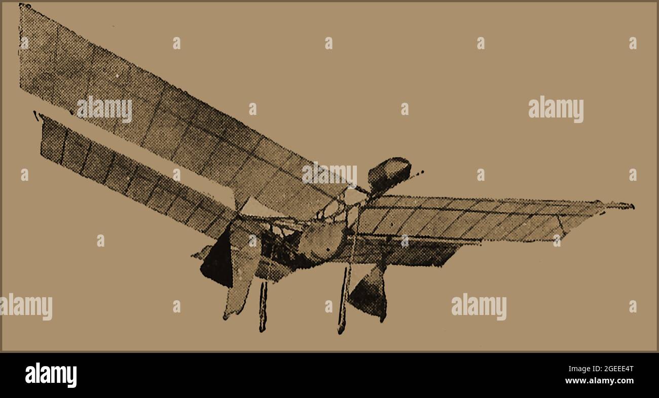 Eine frühe Illustration von Pionierflugzeugen - Samuel Langleys Maschine - flog eine halbe Meile im Jahr 1896 - stürzte ab und zerstörte 1903. Samuel Pierpont Langley ( 1834 – 1906) war ein amerikanischer Pionier der Luftfahrt. Astronom, Physiker und Erfinder des Bolometers (ein Gerät zur Messung elektromagnetischer Strahlung Stockfoto