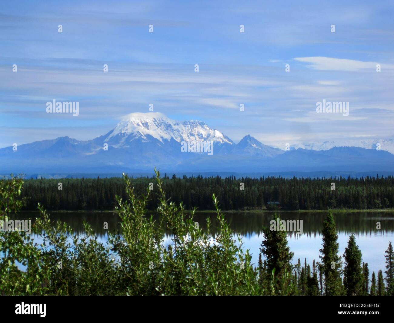 Die Hütte liegt am Ufer des Willow Lake. Umgeben von Wildnis und Wald, ist die Aussicht Mount Drum die Isolation wert. Stockfoto
