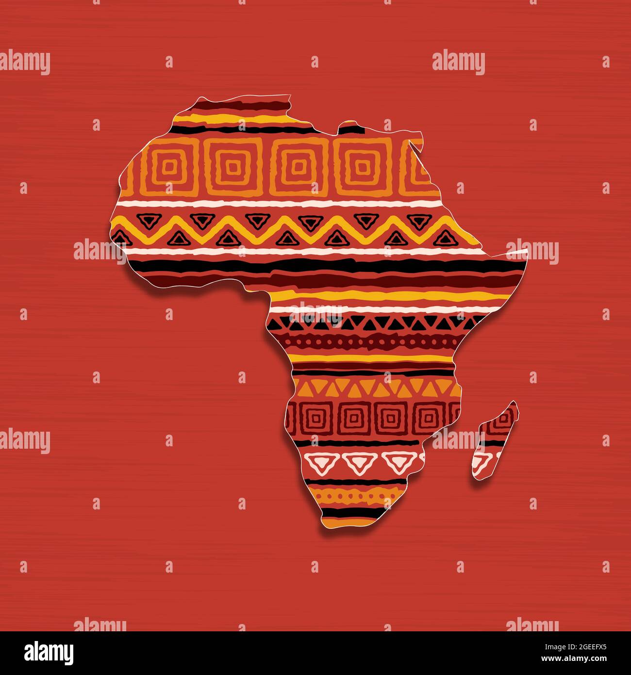 Afrika Kontinent Karte Form Illustration Konzept der traditionellen afrikanischen Kultur Dekoration und bunte Stammes Kunst Textur auf isolierten Hintergrund gemacht. Stock Vektor