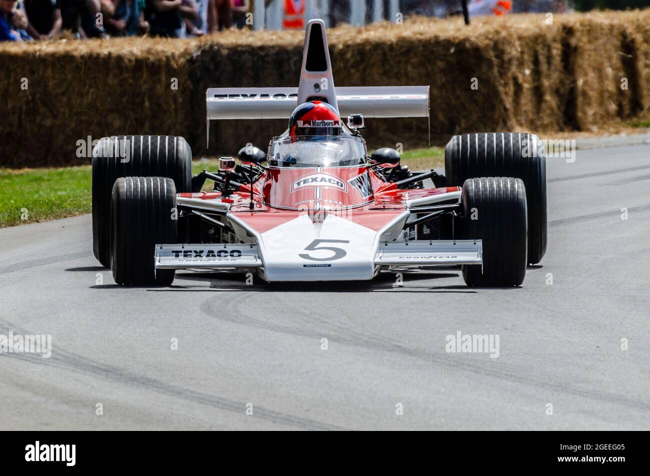 1974 McLaren M23 Grand-Prix-Wagen beim Goodwood Festival of Speed Rennsport 2014. Ehemaliger Emerson Fittipaldi-Wagen Stockfoto