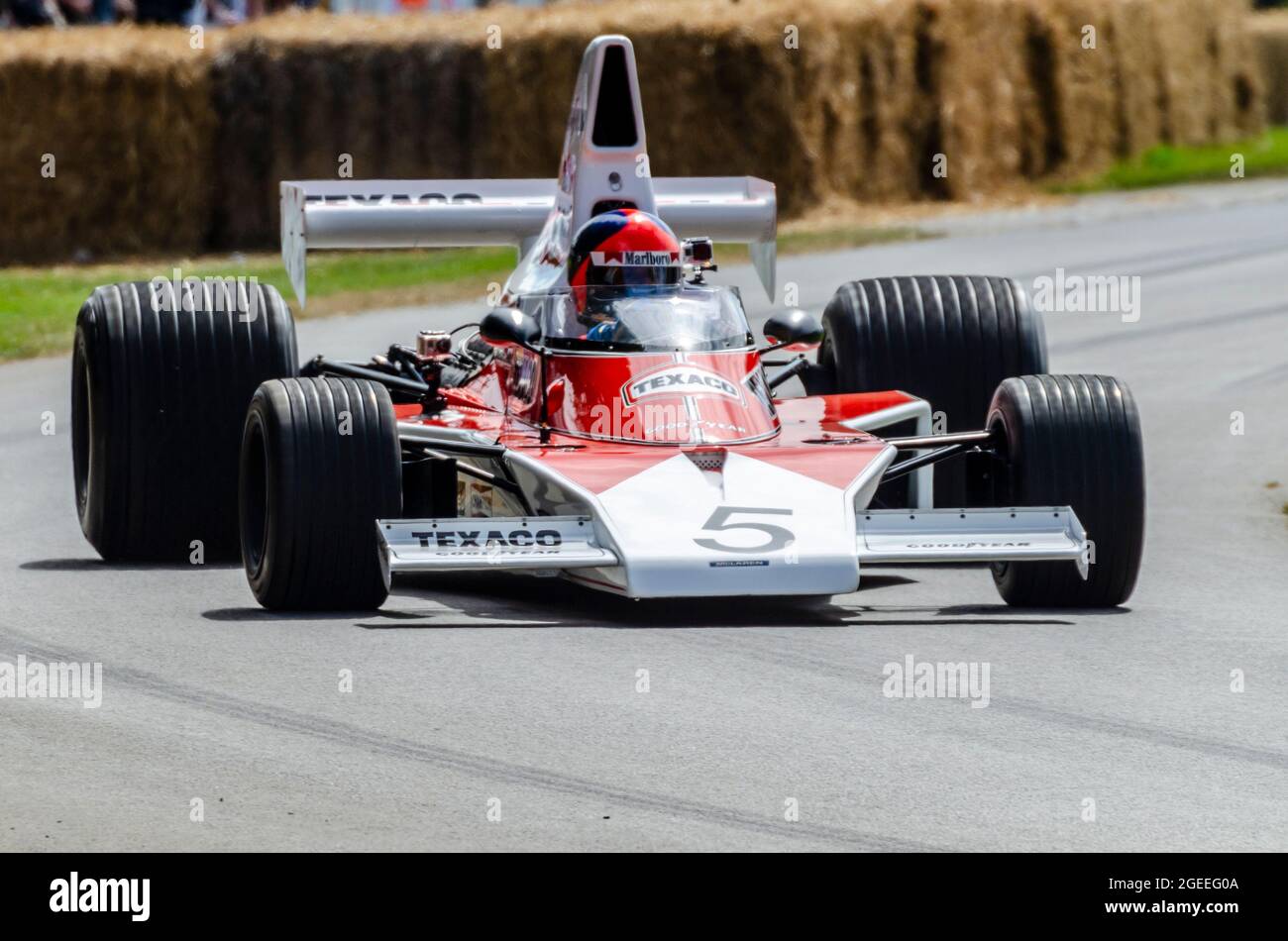 1974 McLaren M23 Grand-Prix-Wagen beim Goodwood Festival of Speed Rennsport 2014. Ehemaliger Emerson Fittipaldi-Wagen Stockfoto